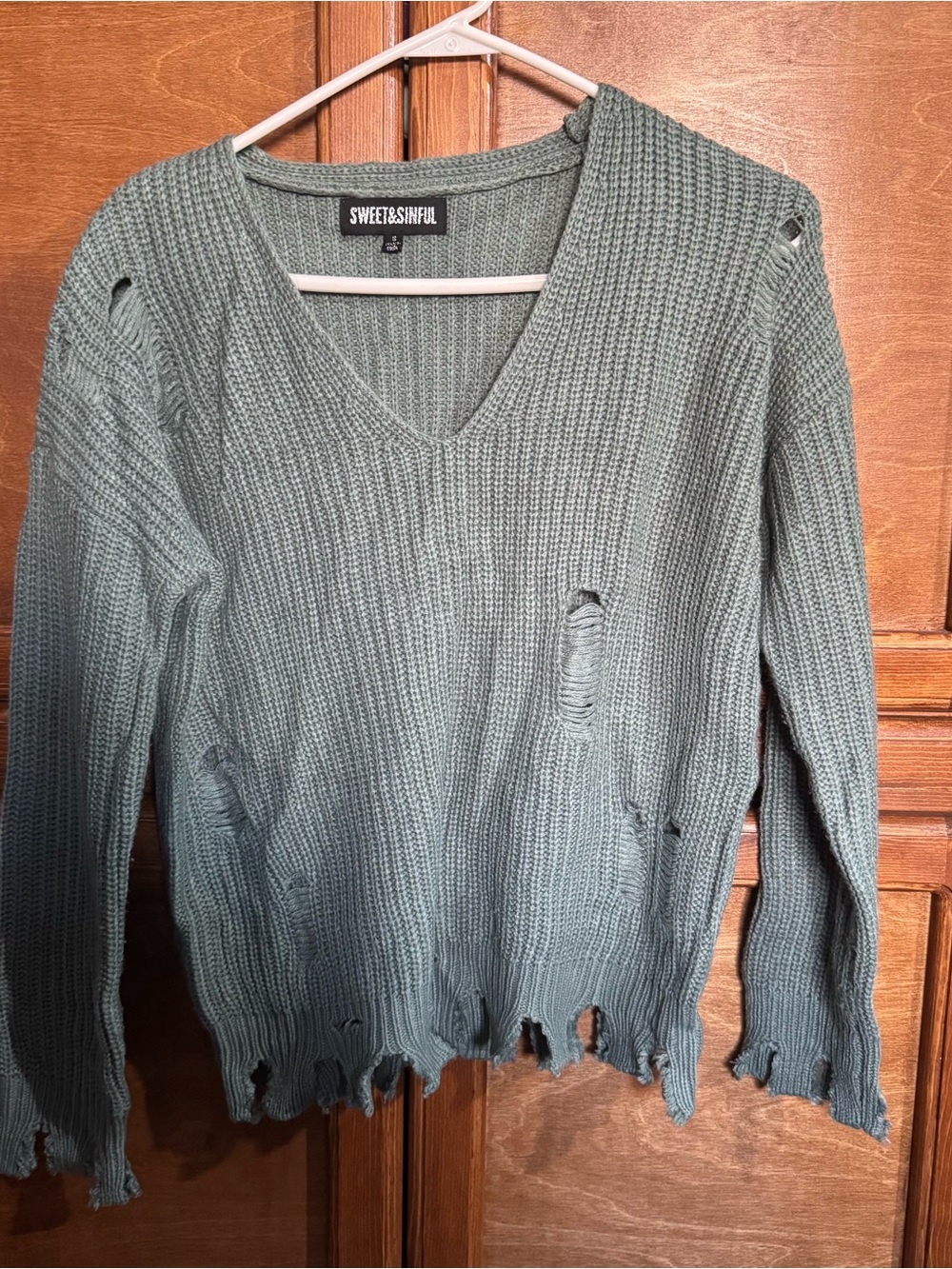 Distressed V-Neck Sweater in Sage Green